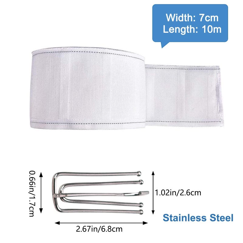 INCREWAY Curtain Accessory, 10 Meters/10.9 Yards White Curtain Heading Deep Pinch Tape Pull Pleat Tape with 20 Pcs Stainless Steel 4 Prong Curtain Pleat Hook Clip - Image 2